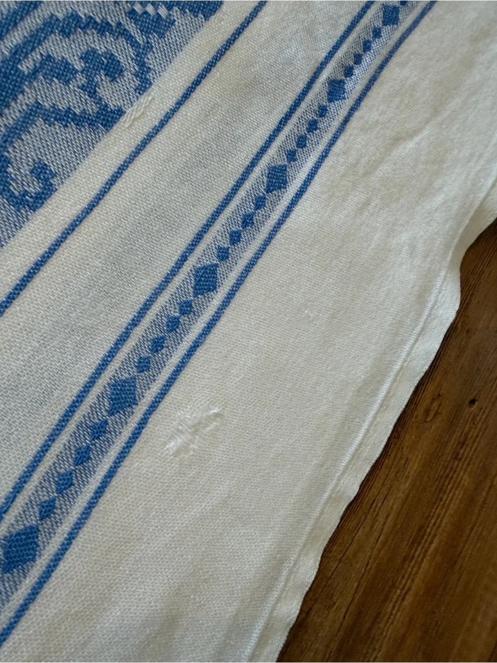Vintage Damask Woven Textile Tablecloth w/ Woven Geometric Stripe. 55x75 Blue